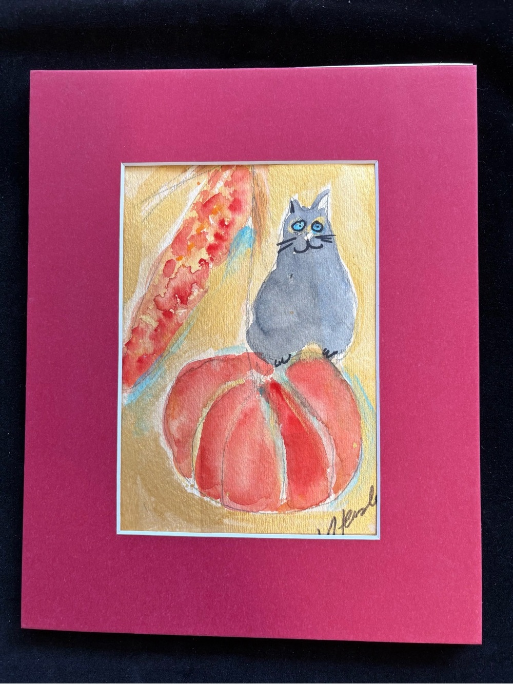 Halloween Pumpkins &Black Cat “ Original WatercolorMixed Painting Matted